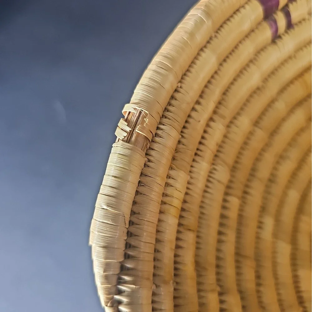 Hand Made Straw Coil Basket African or Native American- Purple Accent 9.5